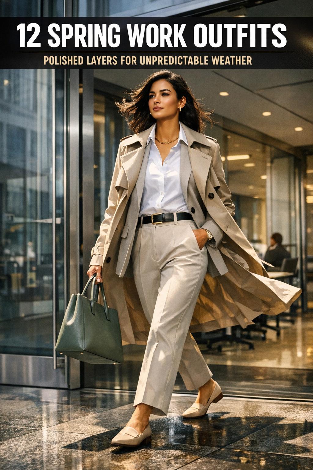 Woman in stylish spring work outfits walking downtown in a light blazer and trousers