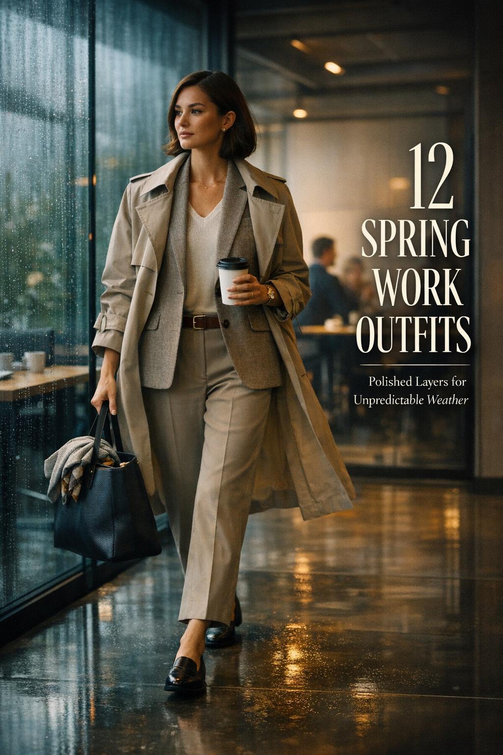 spring work outfits in a modern office corridor, confident professional woman in blazer and trench with tote and coffee