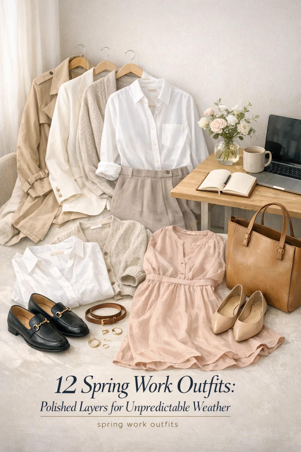 Spring work outfits styled in a bright minimal office with trench coat, blazer, tote, loafers, and soft florals