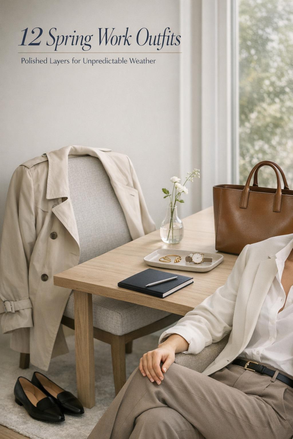 Spring work outfits laid out in a minimalist office with trench coat, ivory blazer, taupe trousers, tote, and loafers