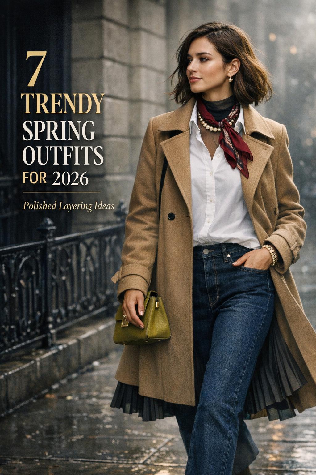 Trendy spring outfits street style with camel trench, scarf, dark denim and preppy layers on a rainy city street