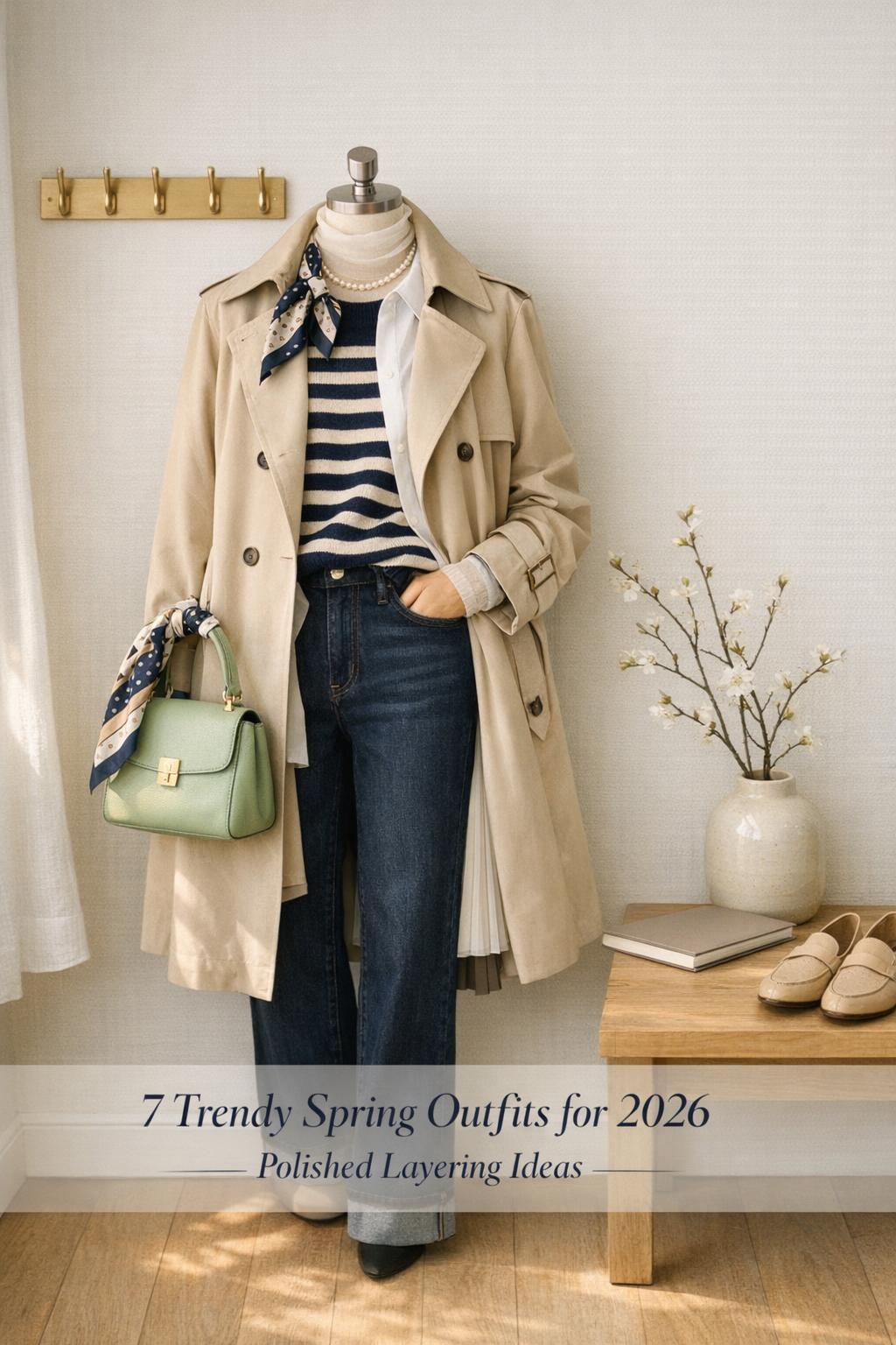 Trendy spring outfits 2026 capsule look with beige trench, pleats, sheer layer, scarf and dark-wash denim in airy entryway light