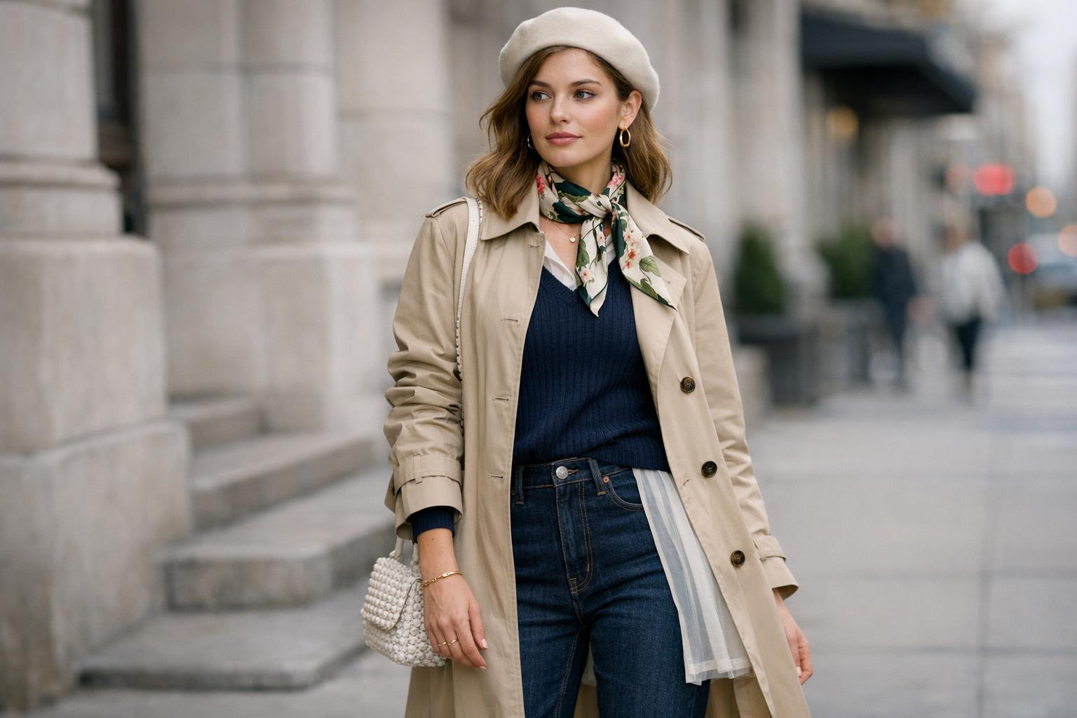 Trendy spring outfits 2026 with dark denim, statement coat, printed scarf, and beaded jewelry layered for city street style