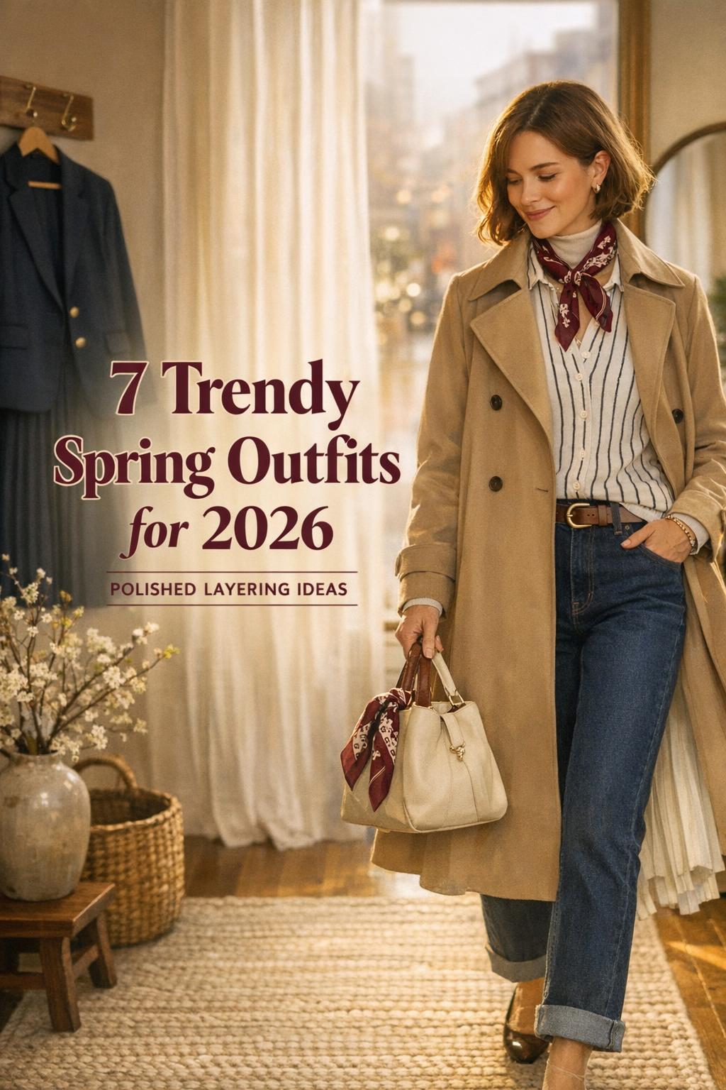 Trendy spring outfits in a golden-hour apartment entryway, woman in camel trench, striped top, dark denim and scarf
