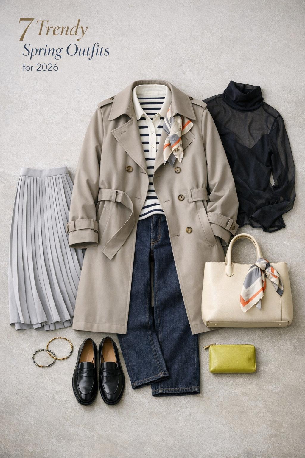 Trendy spring outfits flat lay with taupe trench, striped top, dark denim, pleated skirt, loafers and tote in soft window light