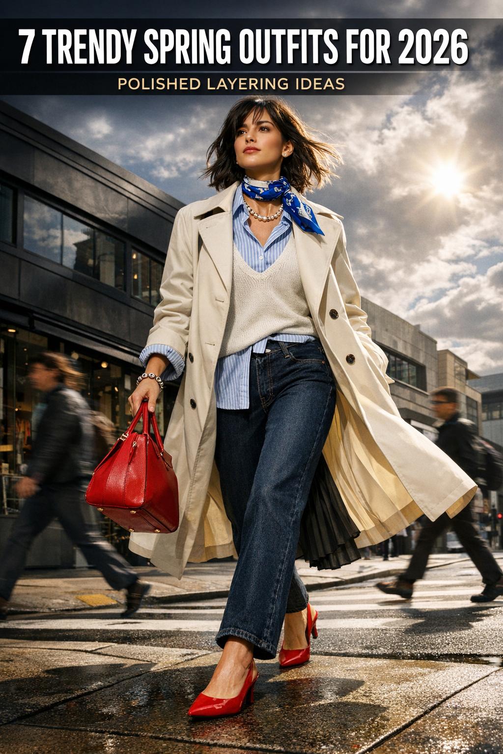 Trendy spring outfits styled on a city street with light layers, pastel tones, and sneakers in natural daylight