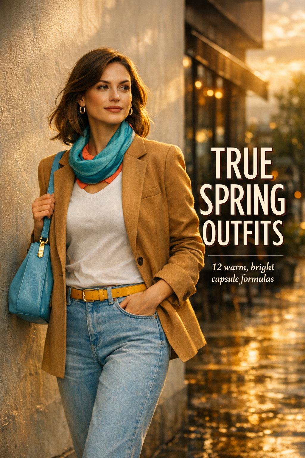 True spring outfits: woman in camel blazer and teal scarf walking on a rainy golden-hour city street by a café wall