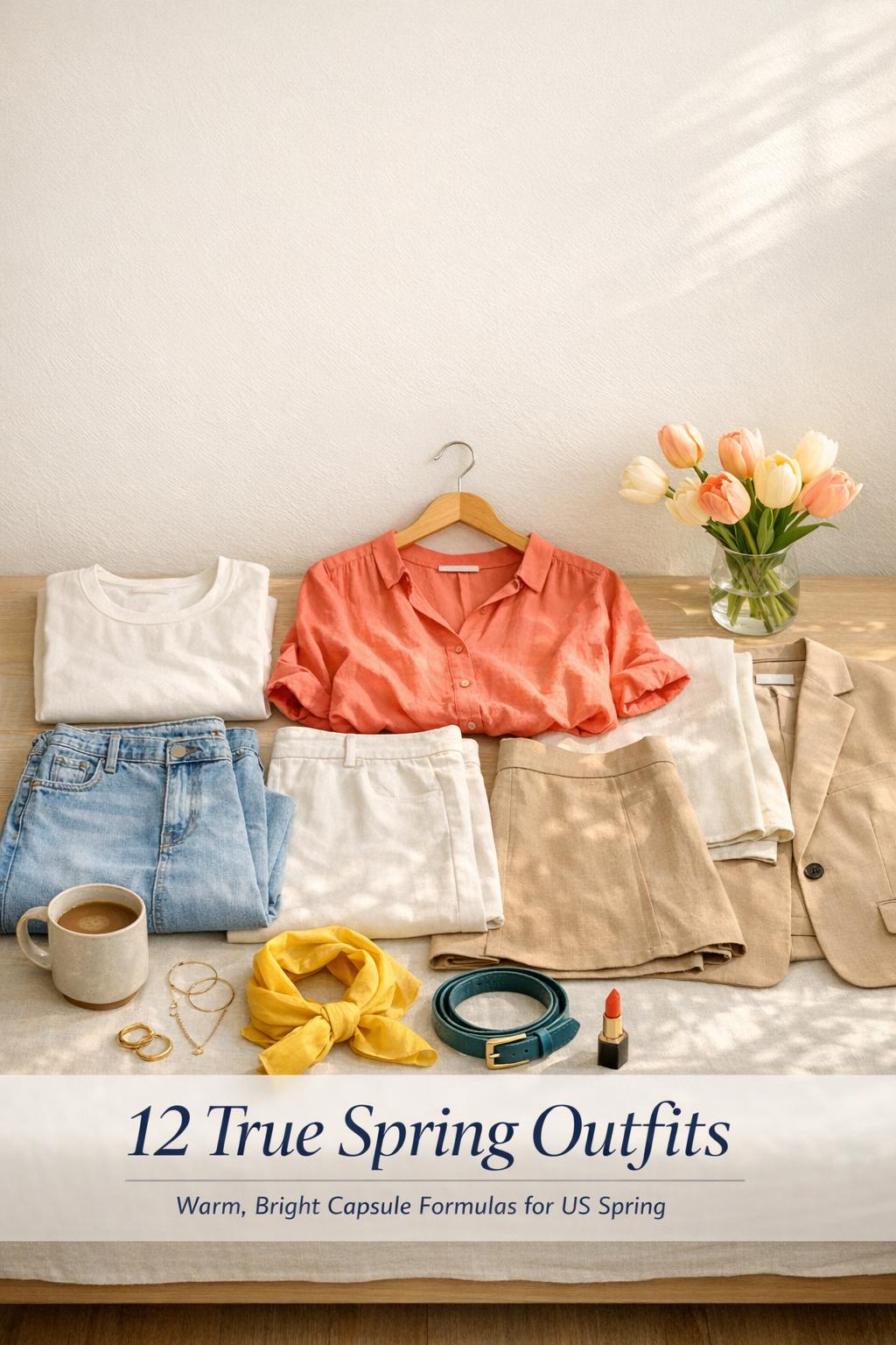 True spring outfits capsule wardrobe flat lay in bright minimal apartment with coral, teal, yellow accents and tulips
