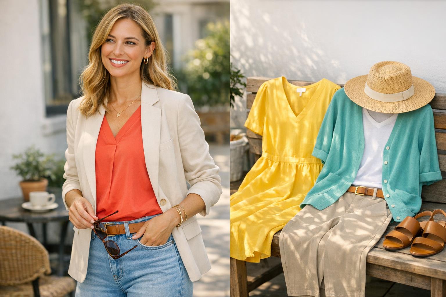 True spring outfits capsule wardrobe with coral, teal, sunny yellow tops, warm white tee, light denim and a blazer laid flat