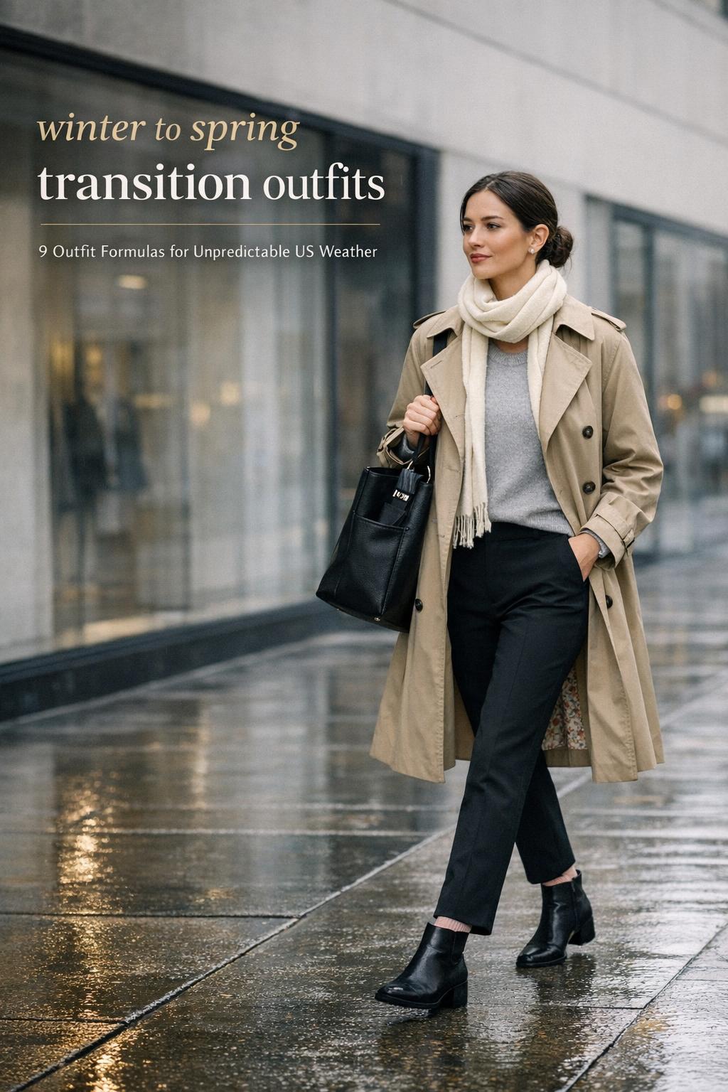 Chic woman in beige trench and black trousers on damp city sidewalk, winter to spring transition outfits
