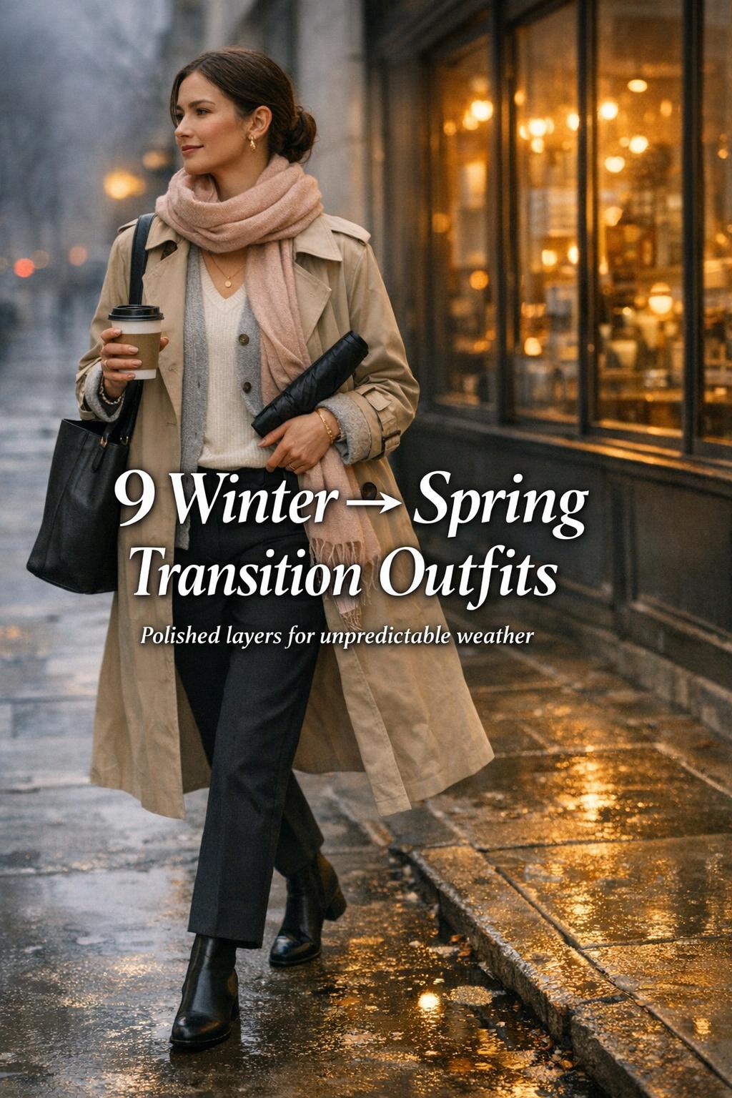 Winter to spring transition outfits on a chic commuter in beige trench with coffee on a rainy city street outside a warm cafe