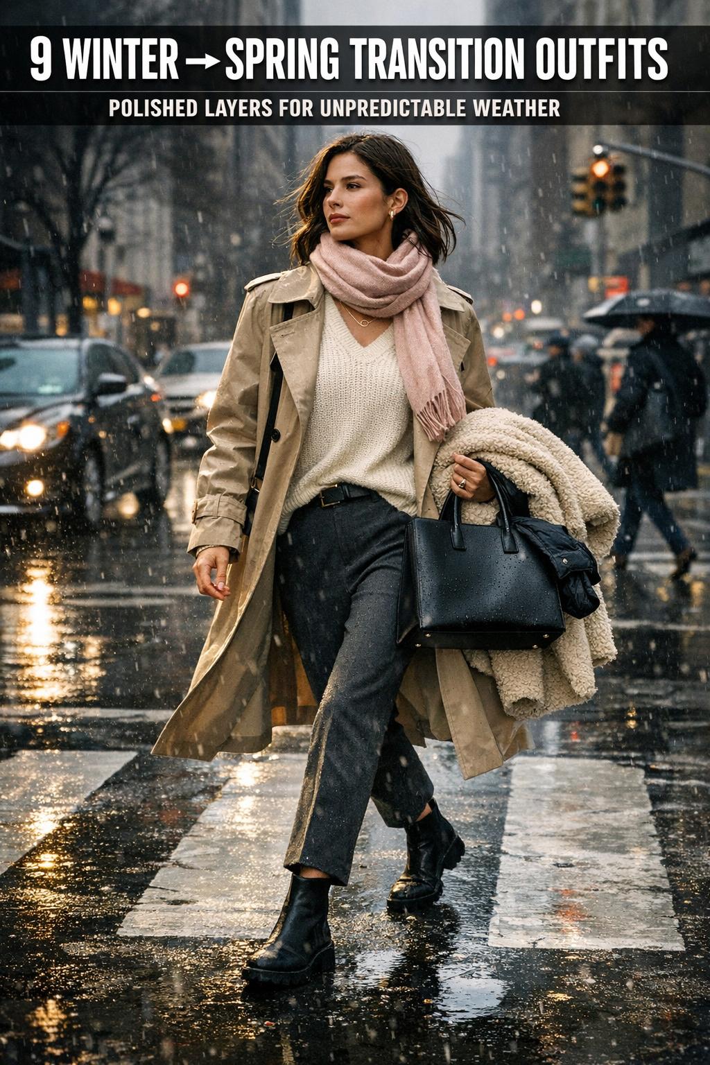 Winter to spring transition outfits on a stylish woman wearing a light trench coat over a knit sweater on a city street