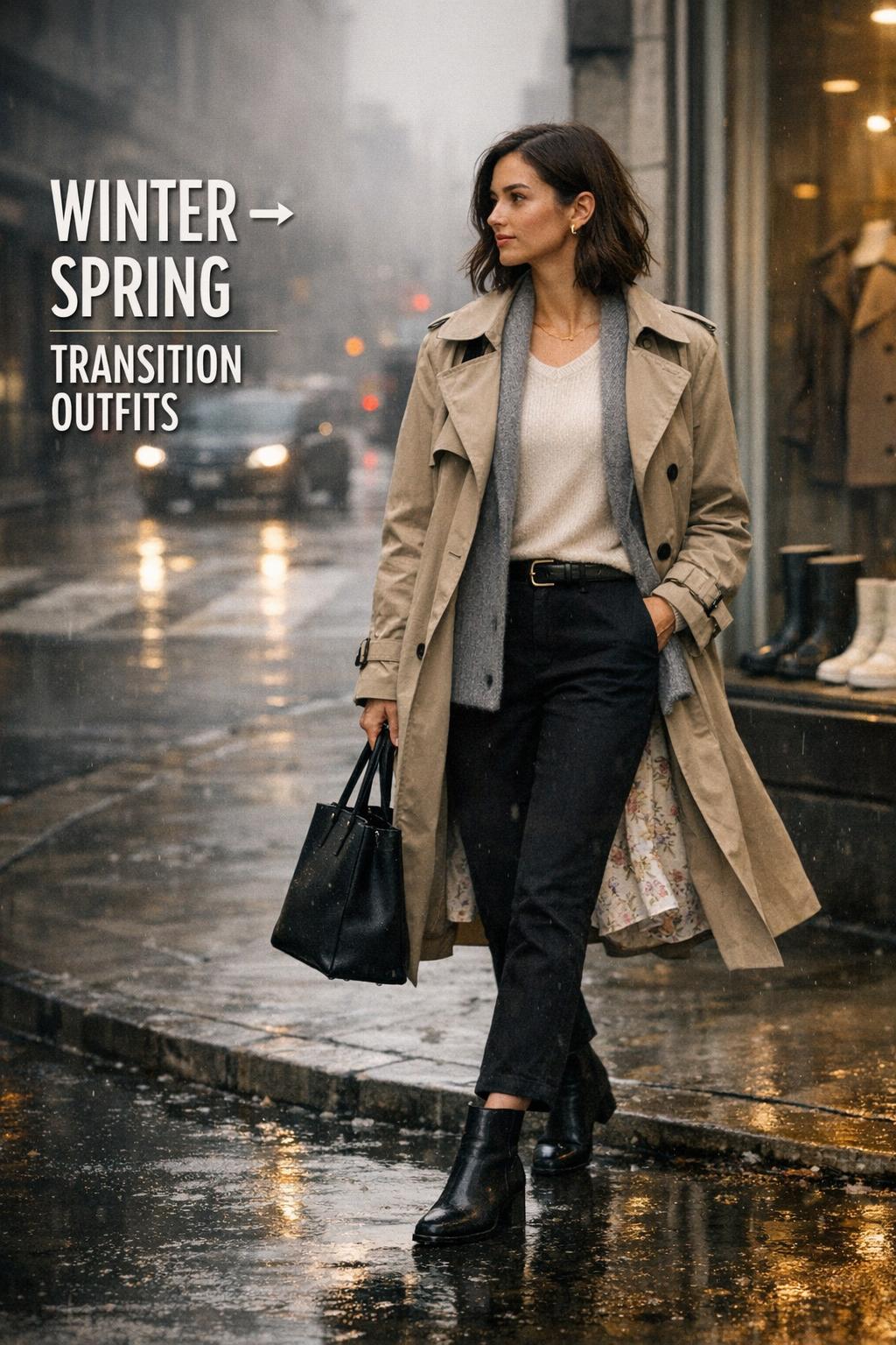 Woman in trench coat walking on rainy city street with text overlay, winter to spring transition outfits