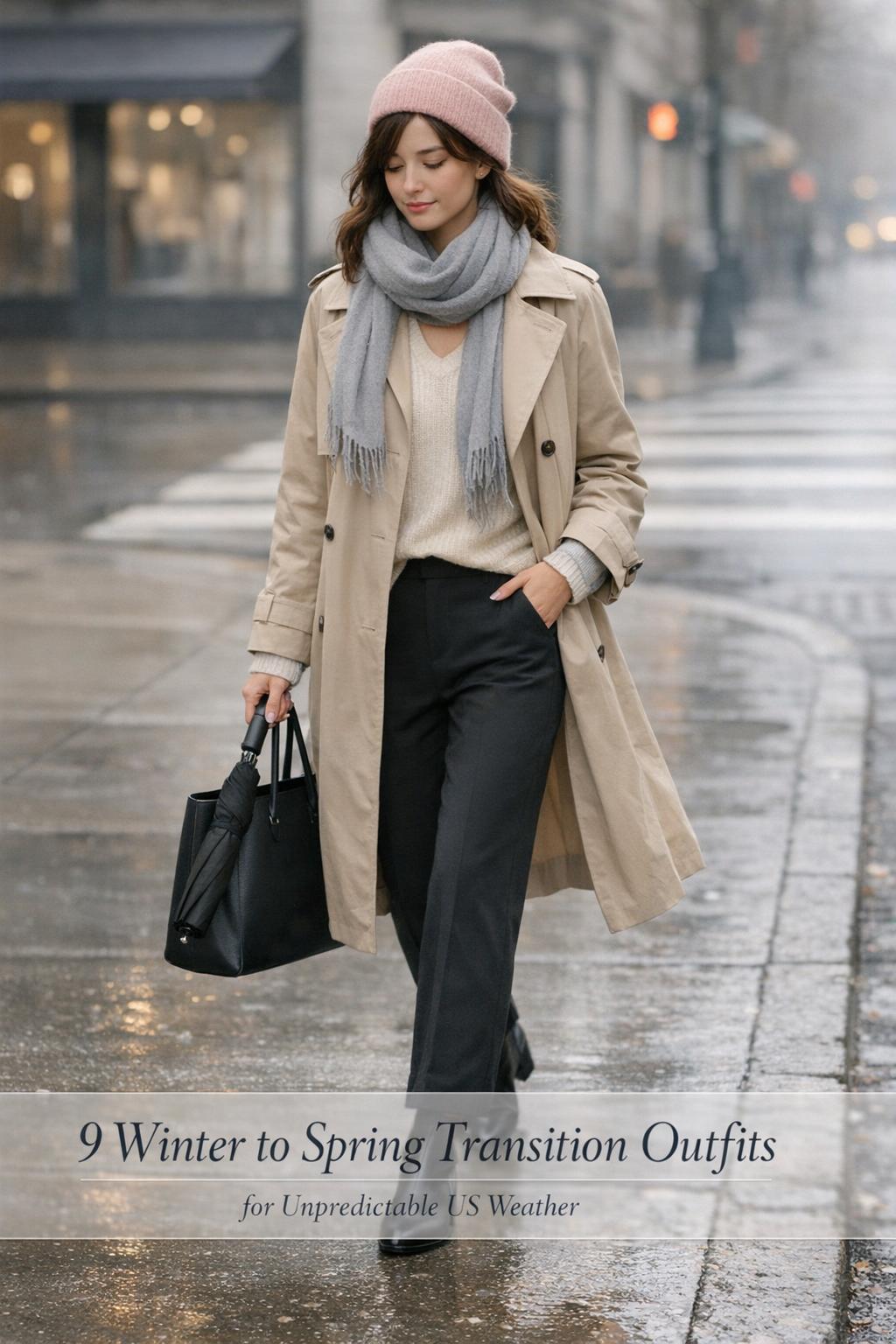 Winter to spring transition outfits on a rainy city sidewalk: woman in beige trench, scarf, tailored pants, boots, umbrella