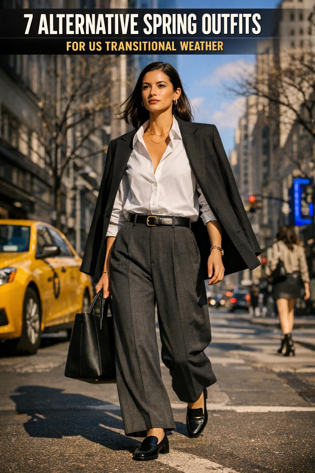 Alternative spring outfits featuring layered pastel dress, denim jacket, and chunky boots on a city street