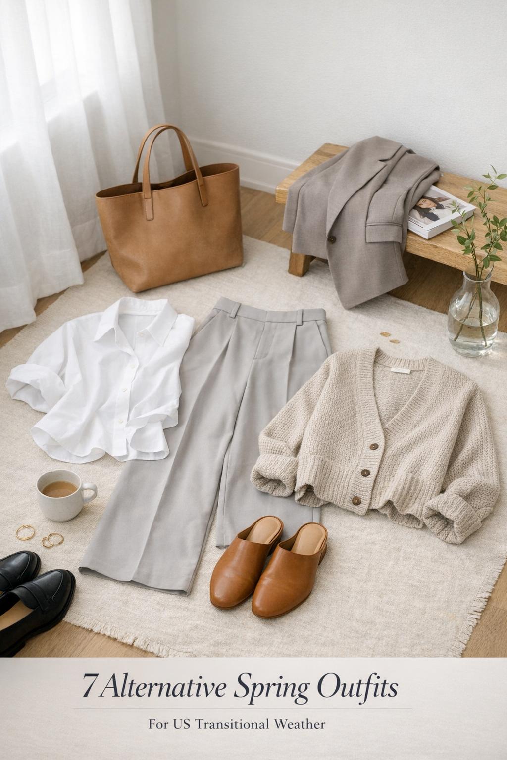 Alternative spring outfits flat lay in a bright minimalist bedroom with trousers, white shirt, cardigan, blazer and loafers