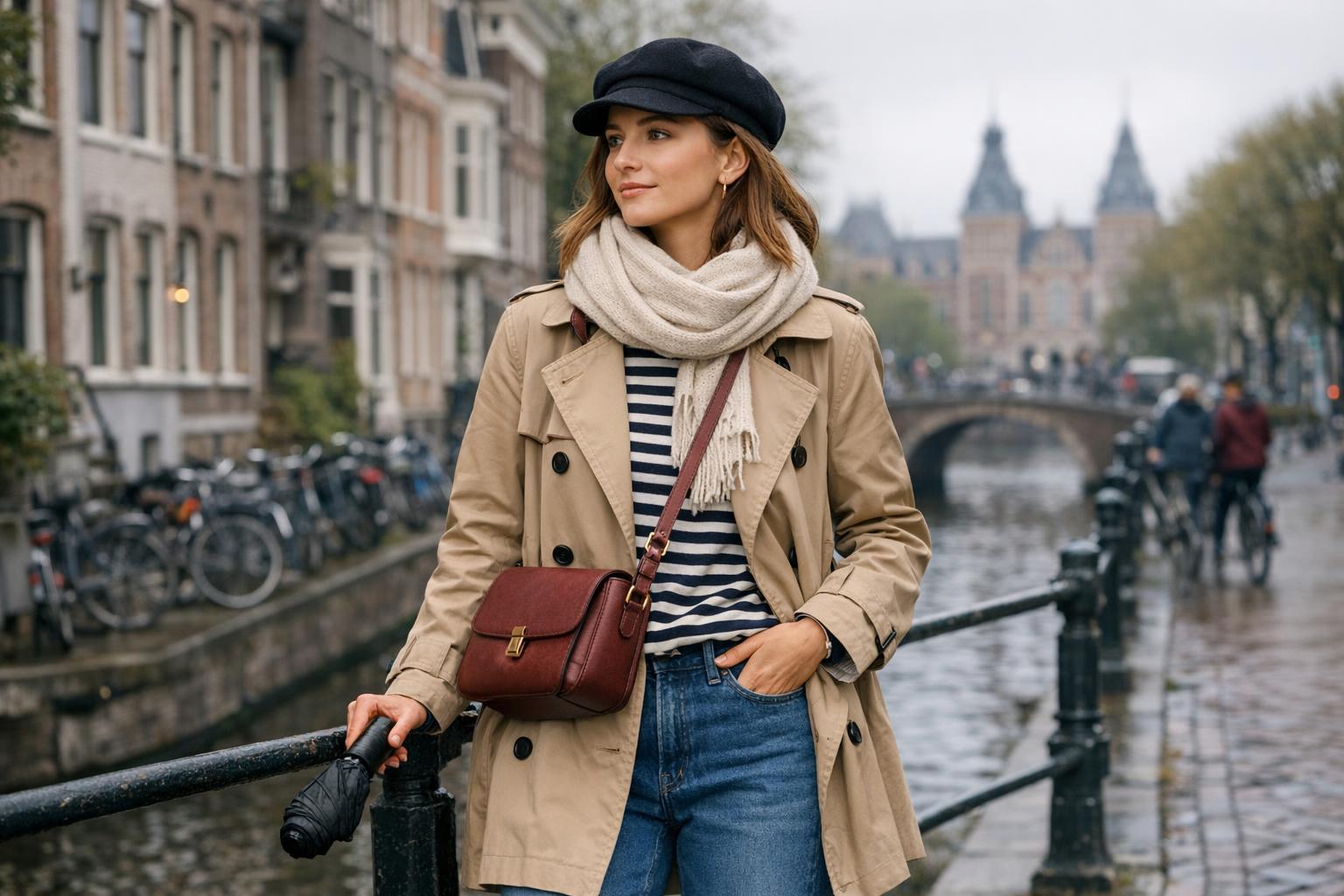 Amsterdam outfits spring look with a beige trench coat, striped tee, jeans and white sneakers by a canal on a rainy day