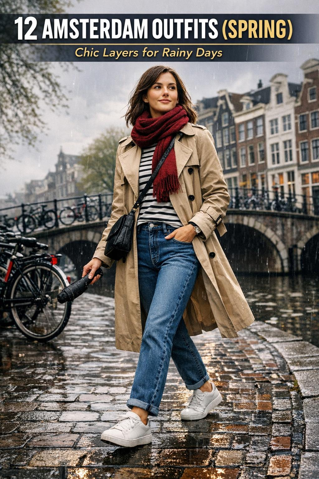 Amsterdam outfits spring street style with light trench coat and pastel layers by canal houses