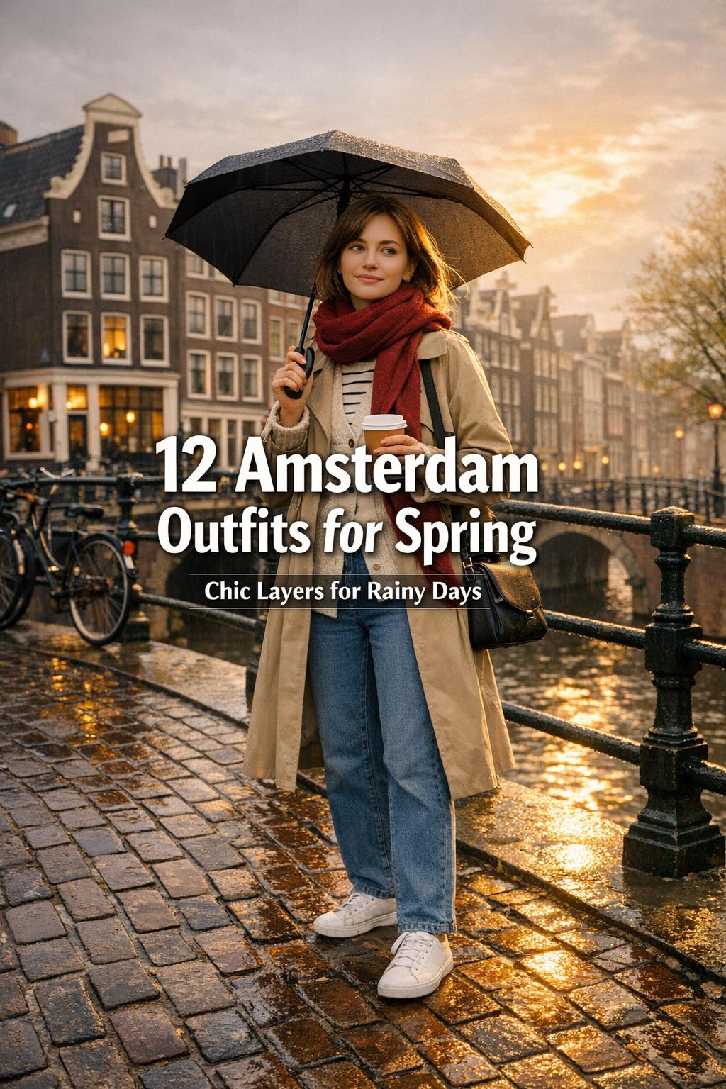 Amsterdam outfits spring: traveler on a canal bridge in golden-hour rain with trench coat, scarf, umbrella and coffee