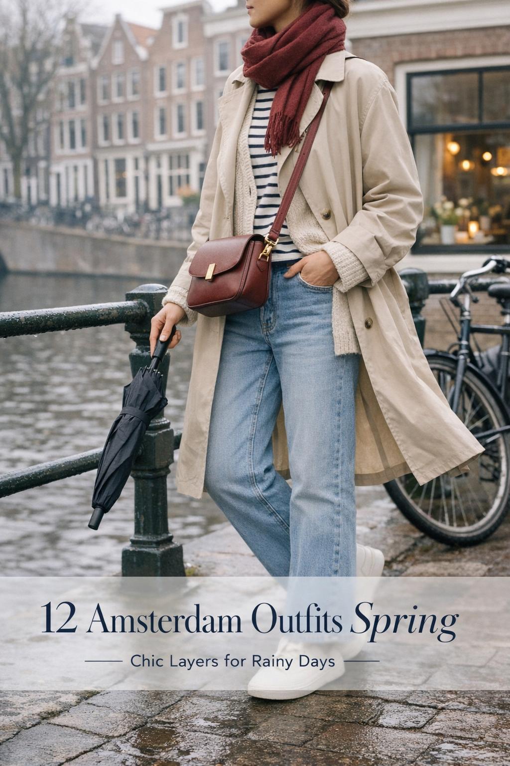 Amsterdam outfits spring traveler in beige trench by canal with umbrella, striped tee, scarf and sneakers on an overcast day