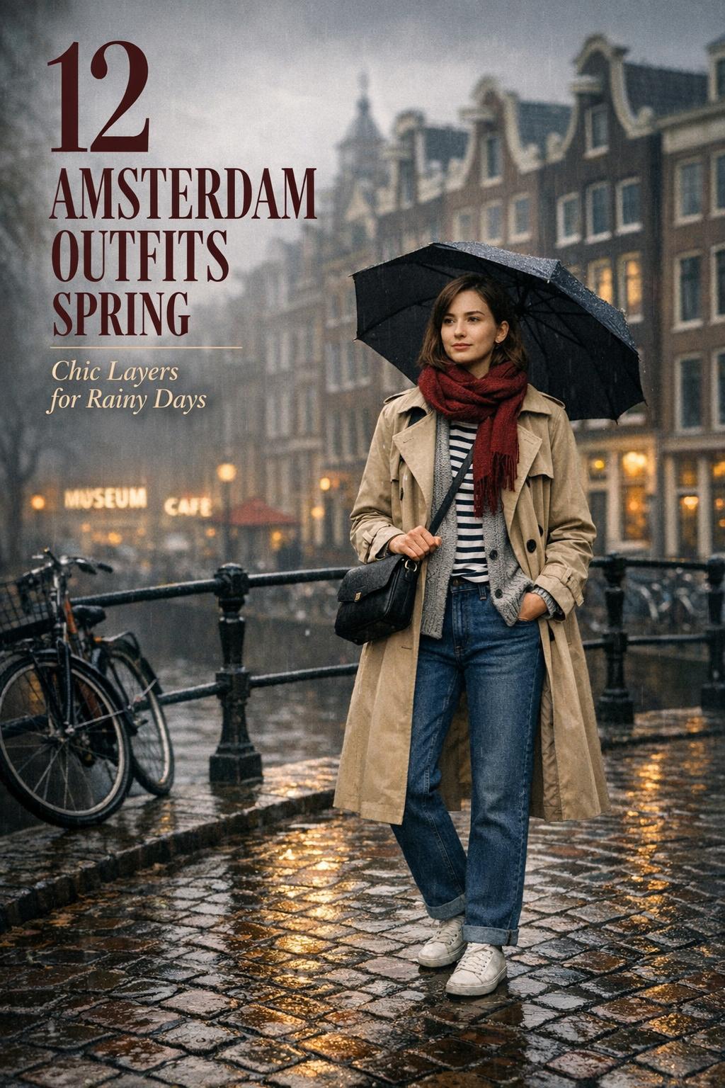 Amsterdam outfits spring traveler in trench coat on rainy canal bridge with burgundy scarf and umbrella in moody light