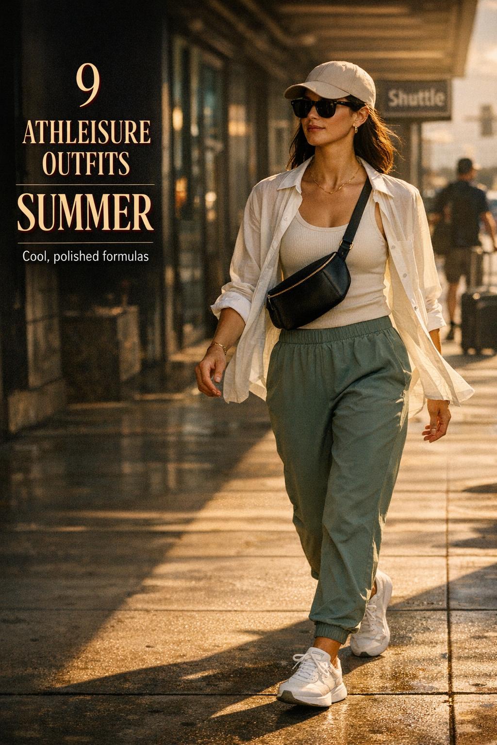 Athleisure outfits summer street style: woman in cream tank and sage joggers walking on a moody sunlit city street