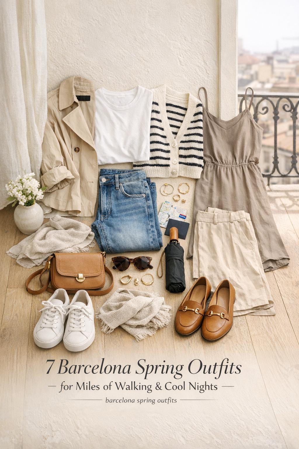 Barcelona spring outfits flat lay in bright Mediterranean entryway with neutrals, denim, sneakers, and accessories