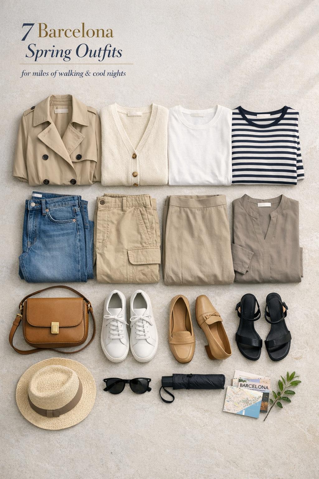 Barcelona spring outfits flat lay with neutral capsule wardrobe, denim, sneakers, and travel accessories on pale stone surface