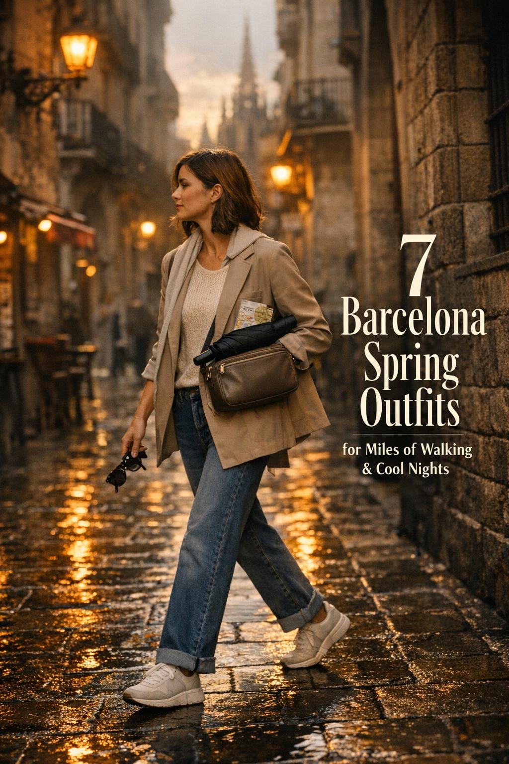 Barcelona spring outfits: stylish traveler walking in the Gothic Quarter on wet cobblestones at golden hour