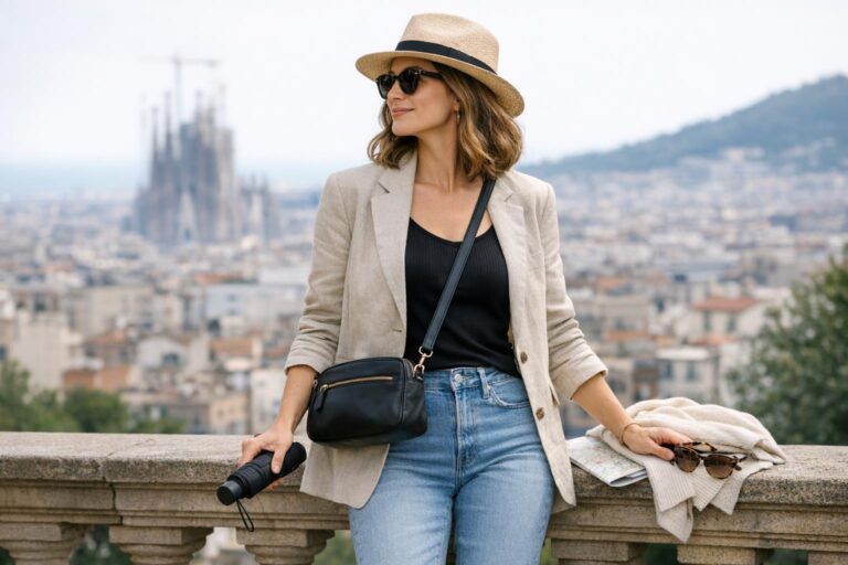 Barcelona spring outfits with light layers, jeans, blazer, and walking sneakers for sightseeing and cool nights