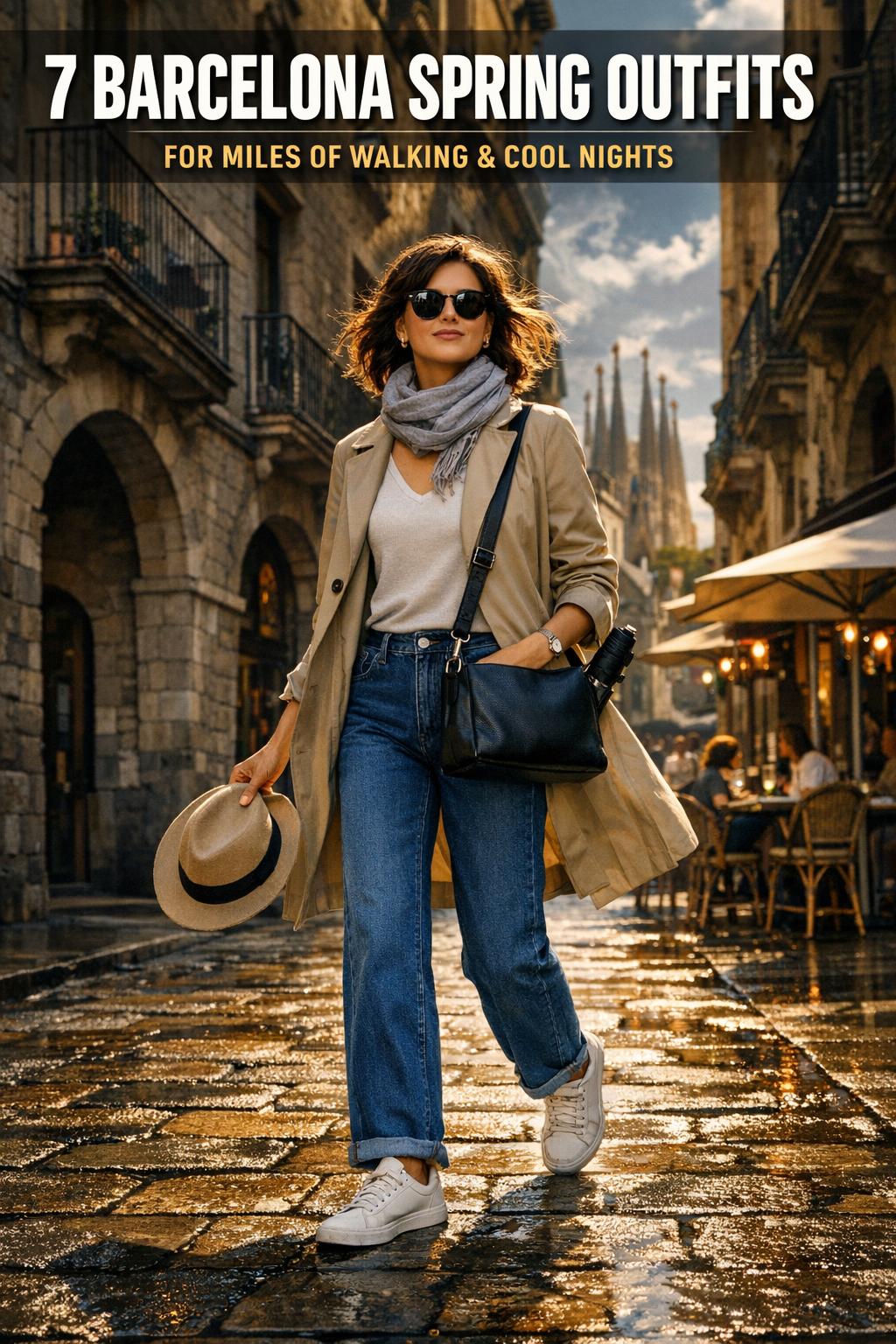 Barcelona spring outfits styled in a bright city street with light layers and pastel tones