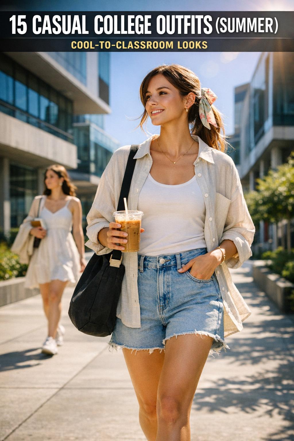 Casual college outfits summer style on campus with light layers, denim shorts, and sneakers