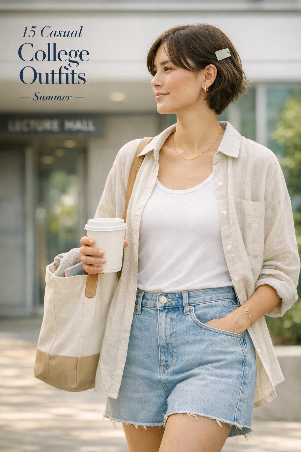 Casual college outfits summer look: student in white tank, denim skirt, linen overshirt and sneakers on campus walkway