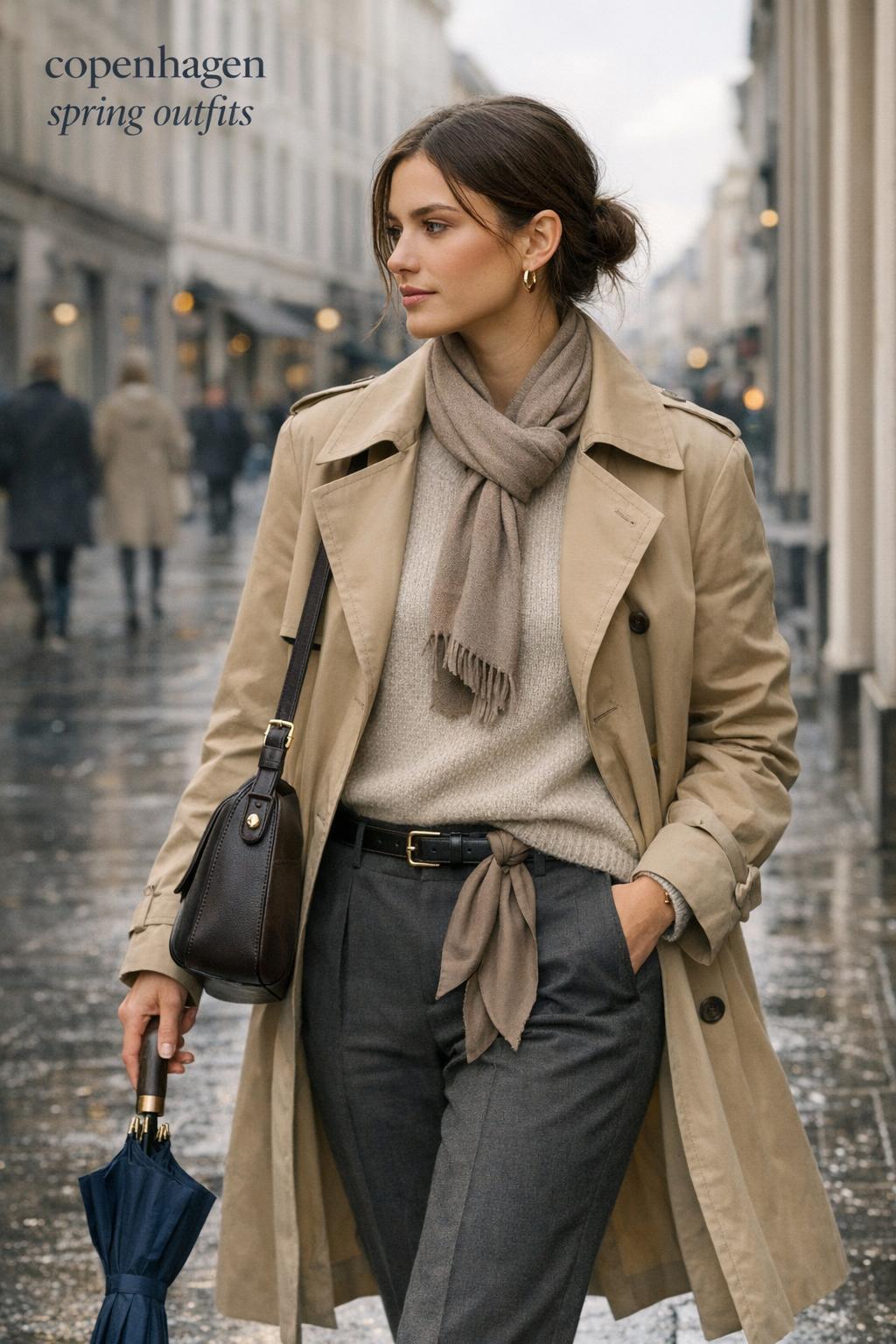 Copenhagen spring outfits street style: woman in beige trench and charcoal trousers on a rainy Copenhagen sidewalk