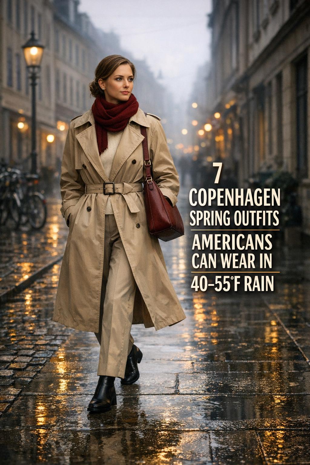 Copenhagen spring outfits on a rainy street: woman in beige trench and burgundy scarf with editorial side text overlay
