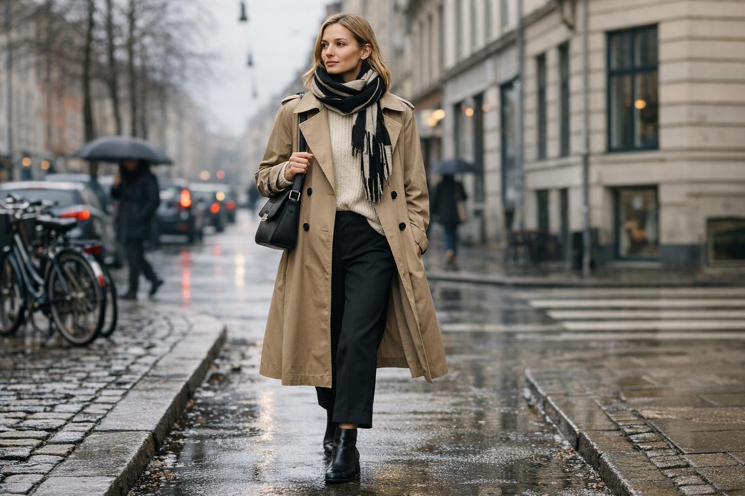 Copenhagen spring outfits with trench coat, blazer, scarf, and ankle boots on a rainy 45°F city street