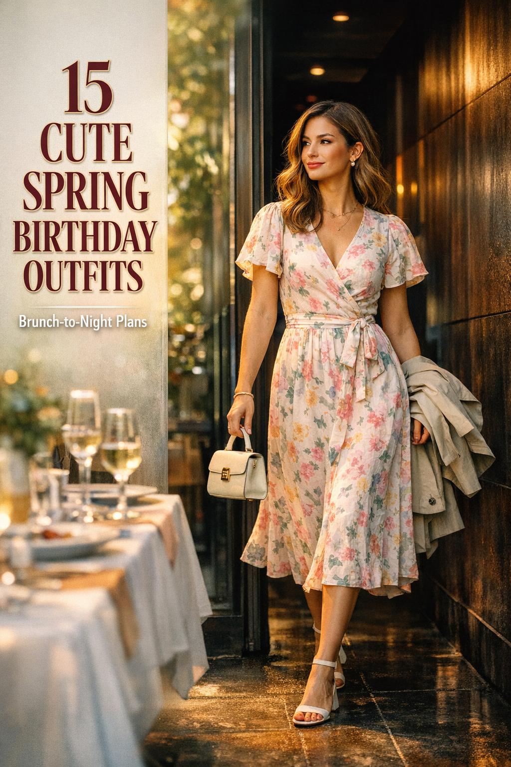 Cute spring birthday outfits: woman in pastel floral wrap midi dress stepping from brunch patio into moody evening corridor