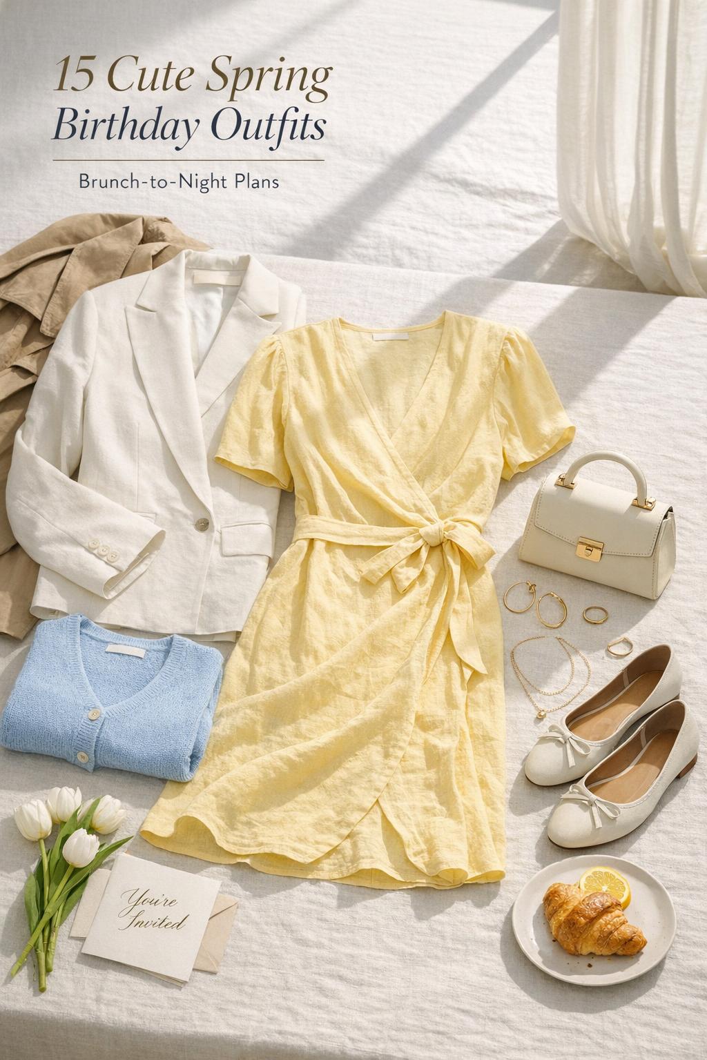 Cute spring birthday outfits flat lay with pastel wrap dress, blazer, trench, sandals, mini bag and gold jewelry in sunlight