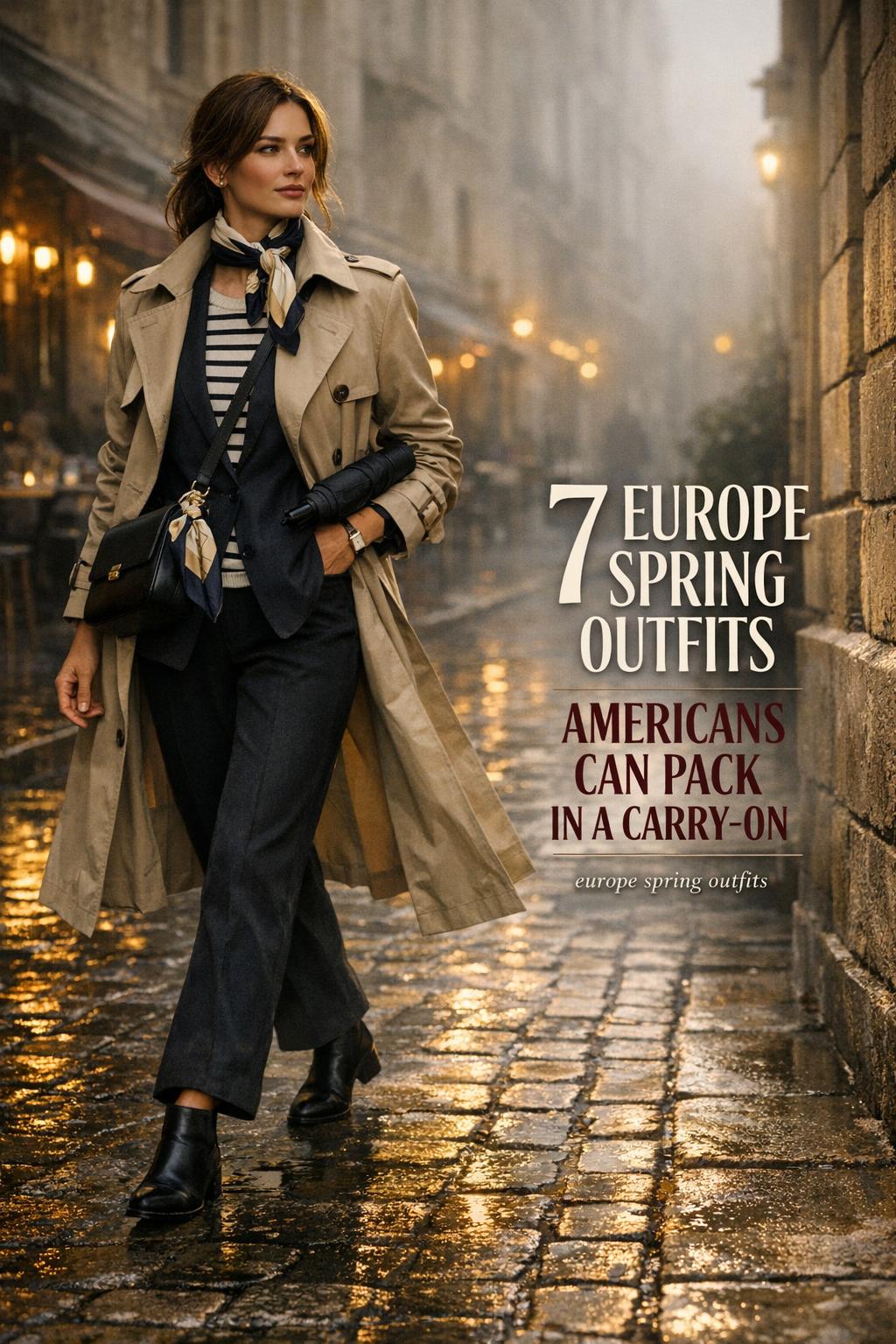 Europe spring outfits: American traveler in beige trench on a rainy golden-hour European street with carry-on style text