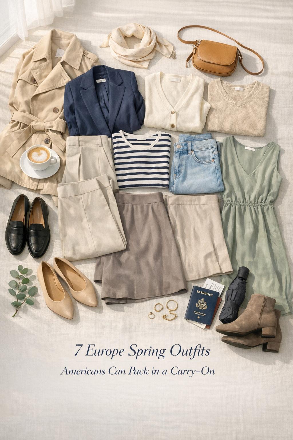 Europe spring outfits flat lay capsule wardrobe with trench, blazer, knits, trousers, denim, accessories and passport