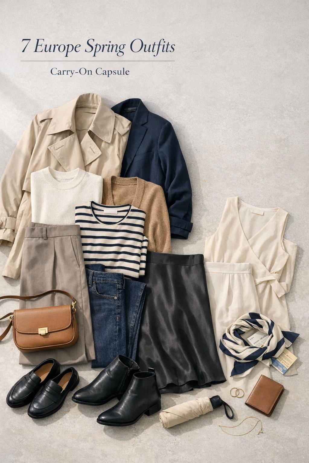 Europe spring outfits capsule wardrobe flat lay with neutral trench, blazer, trousers, loafers, and travel accessories in soft daylight