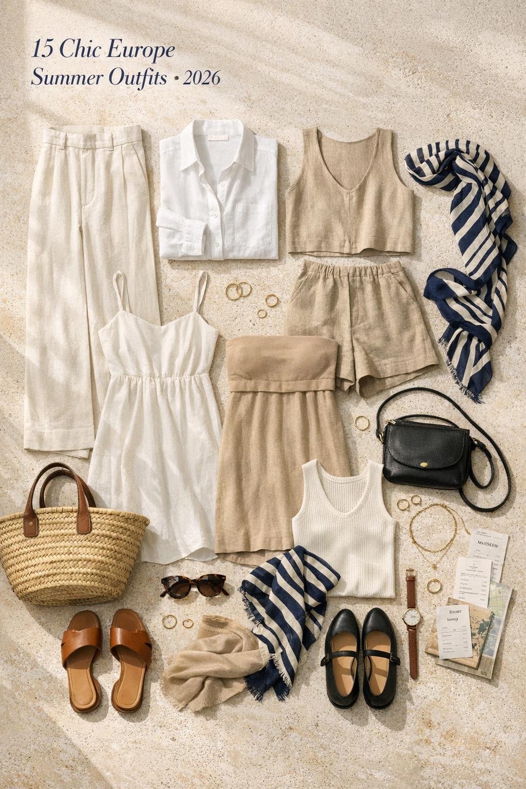 Europe summer outfits capsule wardrobe flat lay with linen separates, neutral dresses, woven bag, sandals, and map on stone