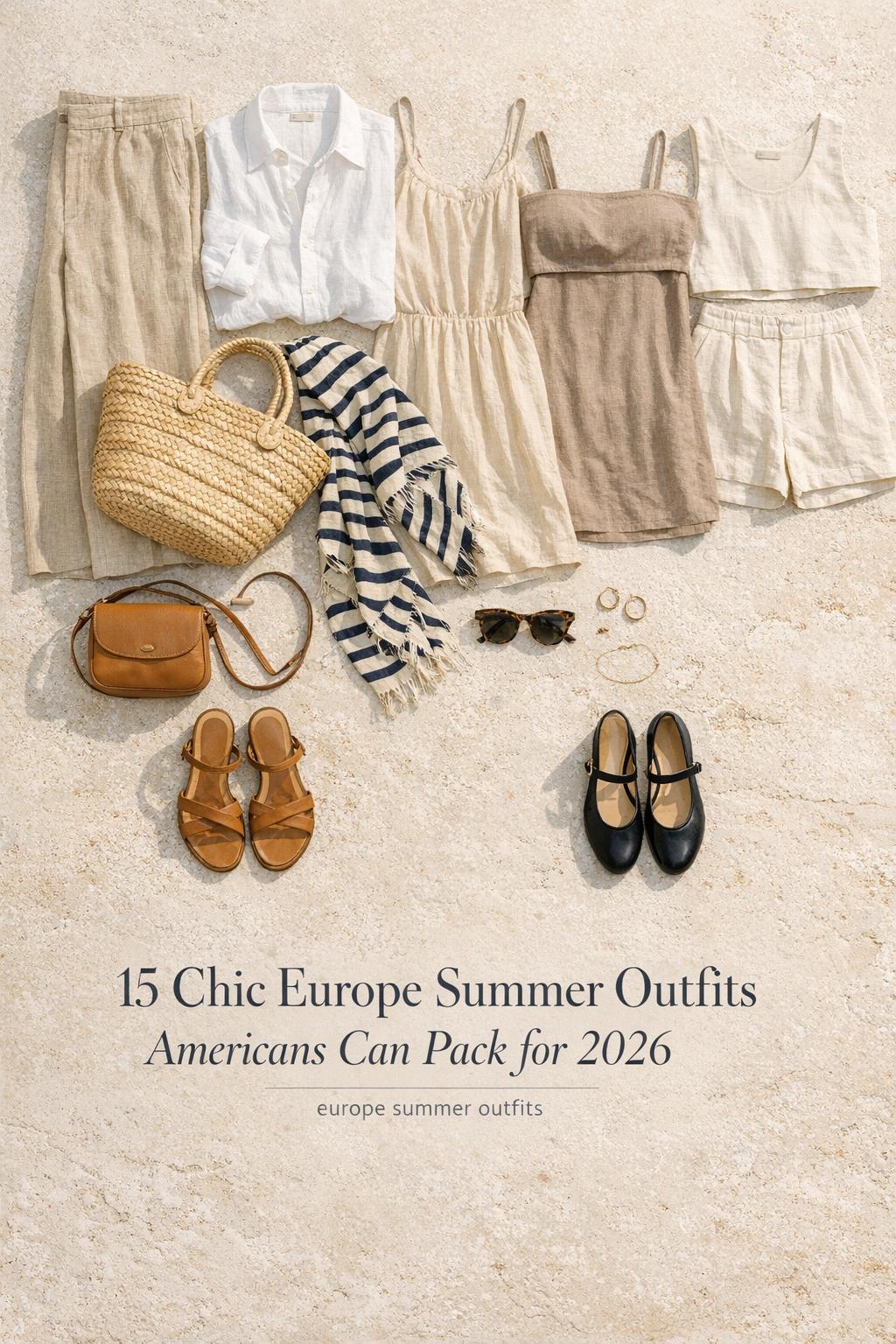 Europe summer outfits flat-lay capsule wardrobe on sunlit travertine with linen neutrals, striped scarf, sandals, and accessories