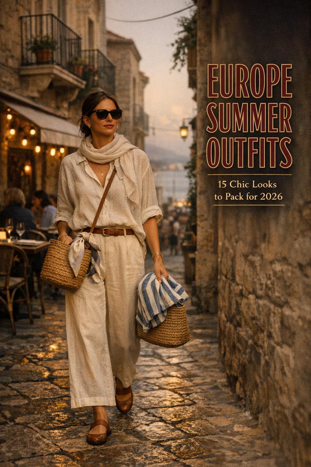 Europe summer outfits on a chic traveler walking a Mediterranean lane at golden hour with cafés and stone buildings