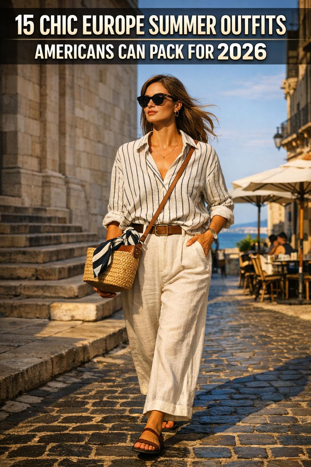 European summer outfits styled on a sunny city street, featuring light dresses, linen shirts, and sandals