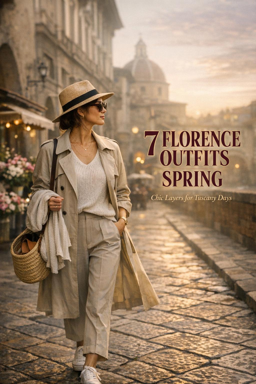 Florence outfits spring street style traveler in beige trench walking near Ponte Vecchio in morning haze, cinematic editorial look