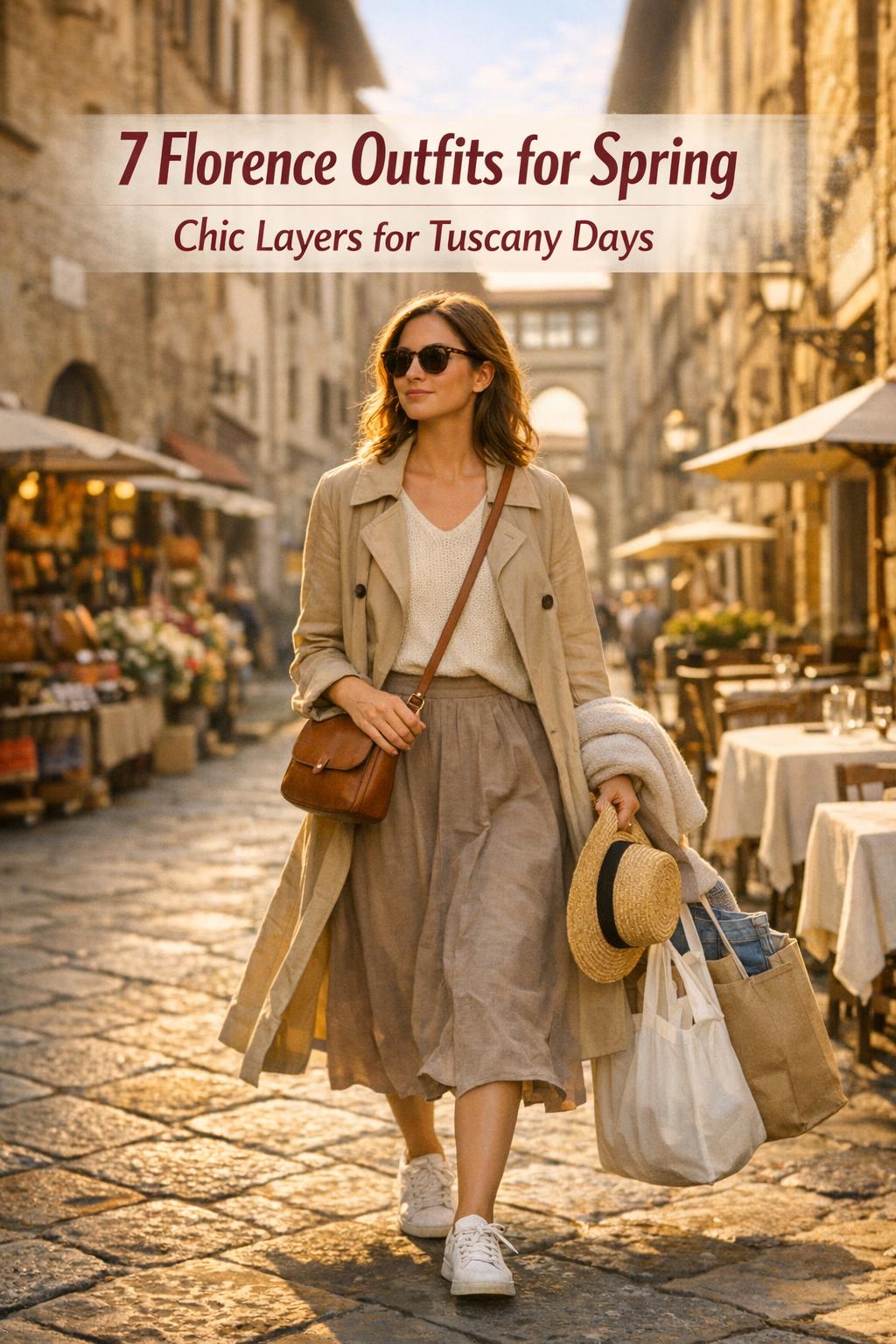 Florence outfits spring: stylish woman in beige trench and midi skirt walking near Ponte Vecchio at golden hour