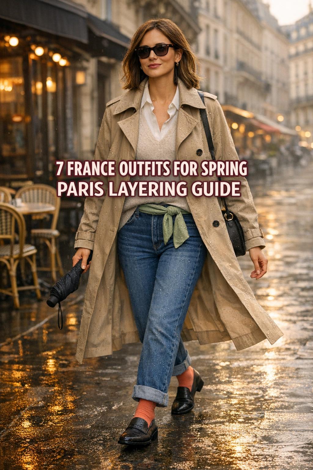 France outfits spring: stylish woman in beige trench walking on a Paris street at golden hour with cafe terrace in background