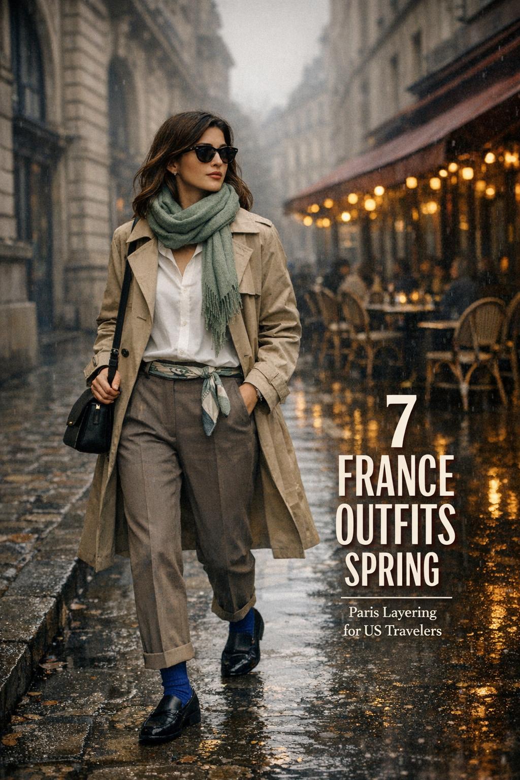 france outfits spring street style in Paris with woman in beige trench, jeans, scarf, and café lights on rainy cobblestones