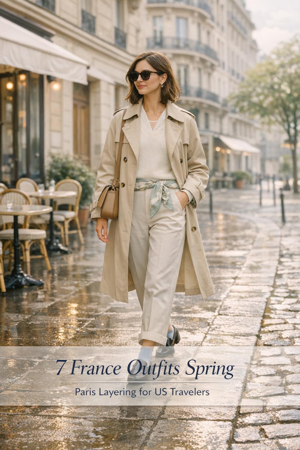 France outfits spring: stylish woman in beige trench walking Paris sidewalk after rain with pastel scarf and chic layers